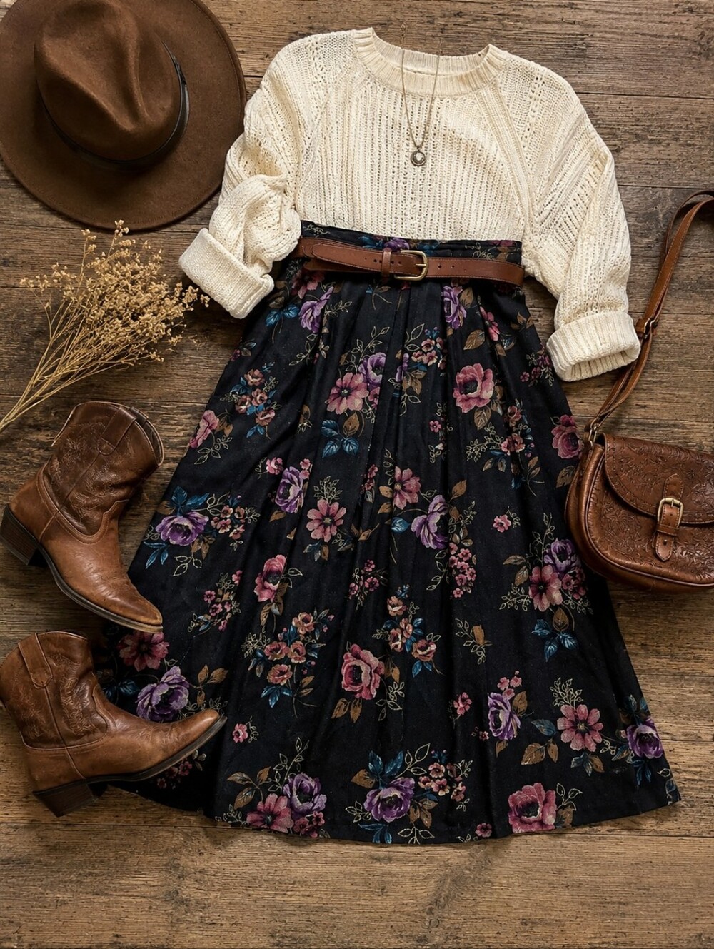 Vintage Dark Floral Midi Skirt Pleated High Waist Cottagecore Fall